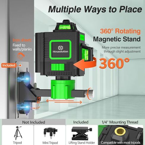مستوى الليزر، 4x360 درجة 4D Cross Line Laser للبناء وتعليق الصور، 130 قدمًا 16 مستوى ليزر أخضر 360 تسوية ذاتية مع بطارية قابلة لإعادة الشحن 10000 مللي أمبير، النوع C، سطوع قابل للتعديل in Kuwait