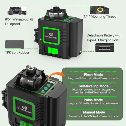 مستوى الليزر، 4x360 درجة 4D Cross Line Laser للبناء وتعليق الصور، 130 قدمًا 16 مستوى ليزر أخضر 360 تسوية ذاتية مع بطارية قابلة لإعادة الشحن 10000 مللي أمبير، النوع C، سطوع قابل للتعديل in Kuwait