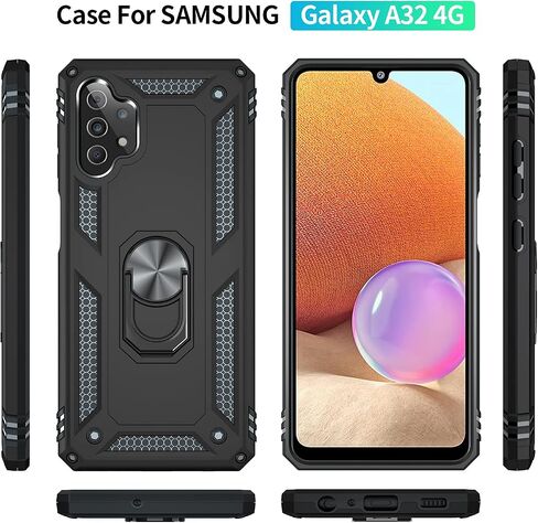 متوافق مع حافظة Samsung A32 4G مع واقي شاشة، غطاء هاتف TPU بمسند دوار 360 درجة من الدرجة العسكرية الثقيلة لهاتف Samsung Galaxy A32 4G (أسود) in Saudi Arabia