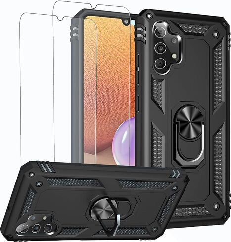 Compatible for Samsung A32 4G Case with Screen Protector, Heavy Military Grade 360° Rotating Kickstand Holder TPU Phone Cover for Samsung Galaxy A32 4G(Black) in Saudi Arabia