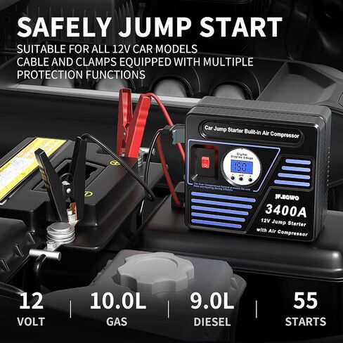 JF.EGWO 3400A Car Jump Starter with Air Compressor, 150PSI Tire Inflator with Digital Screen Pressure Gauge, 24000mAh 12V Auto Battery Booster (10.0L Gas/ 9.0LDiesel Engine), 2 USB Port 2 Light in Saudi Arabia
