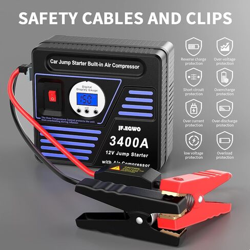 JF.EGWO 3400A Car Jump Starter with Air Compressor, 150PSI Tire Inflator with Digital Screen Pressure Gauge, 24000mAh 12V Auto Battery Booster (10.0L Gas/ 9.0LDiesel Engine), 2 USB Port 2 Light in Saudi Arabia