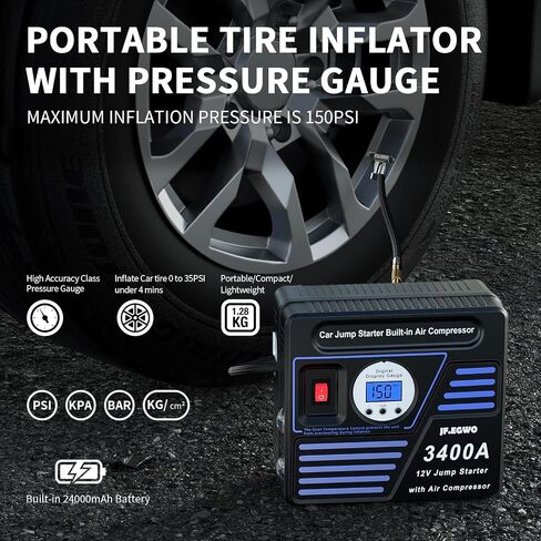 JF.EGWO 3400A Car Jump Starter with Air Compressor, 150PSI Tire Inflator with Digital Screen Pressure Gauge, 24000mAh 12V Auto Battery Booster (10.0L Gas/ 9.0LDiesel Engine), 2 USB Port 2 Light in Saudi Arabia