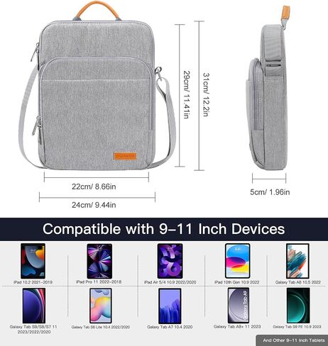 حقيبة حمل للكمبيوتر اللوحي مقاس 9-11 بوصة لأجهزة iPad 9th/8th/7th Gen 10.2، وiPad Air 5/4 10.9، وiPad 10th Gen 10.9، وiPad Pro 11، وGalaxy Tab A8/S8/S6 Lite، مع حزام كتف ومقبض، أسود اللون الرمادي in Kuwait