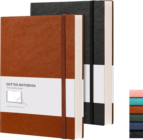 RETTACY Bullet Dotted Journal, 2-Pack, Dotted Notebook Journal with 192 Numbered Pages per Pack, Medium 7.6'' × 10'', 100 GSM Thick Paper, Leather Softcover (Black & Black) in Saudi Arabia