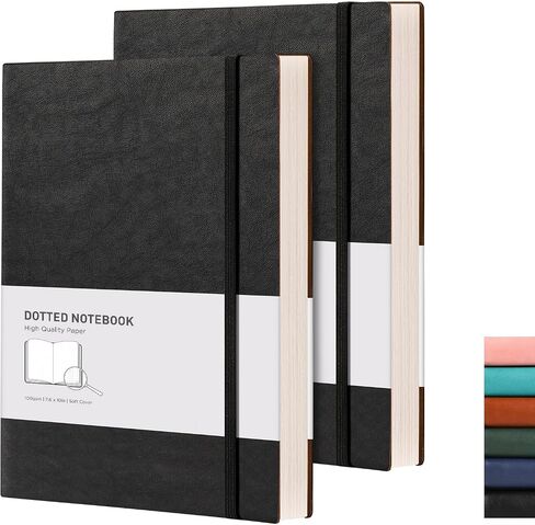 RETTACY Bullet Dotted Journal, 2-Pack, Dotted Notebook Journal with 192 Numbered Pages per Pack, Medium 7.6'' × 10'', 100 GSM Thick Paper, Leather Softcover (Black & Black) in Saudi Arabia