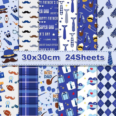 24 Sheets Double-Sided Father Day Scrapbook Paper, 12x12'' 12 Designs Ties Beards Rugby Beer Keys Watches Patterns Crafts Paper for Father Day DIY Card Making Scrapbook Photo Album Gift for Daddy in Saudi Arabia