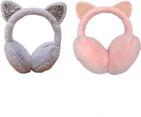 غطاء أذن لطيف للقطط، قطعتان من أغطية أذن القطط الدافئة، أغطية أذن للقطط للفتيات، أغطية للأذنين للأطفال للفتيات في الشتاء للأولاد والبنات، غطاء للأذنين للأطفال مع آذان القطط (وردي، رمادي) in Kuwait