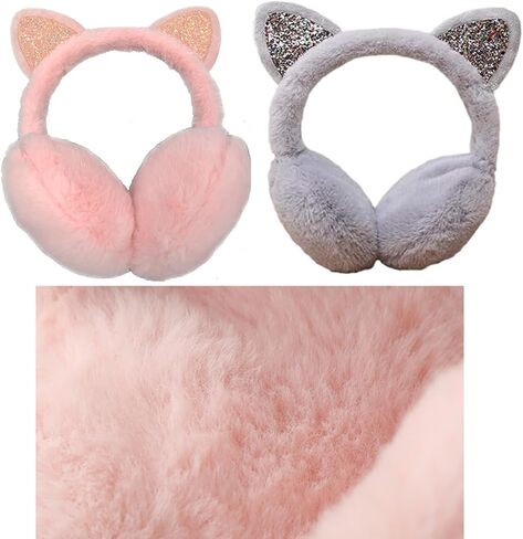 غطاء أذن لطيف للقطط، قطعتان من أغطية أذن القطط الدافئة، أغطية أذن للقطط للفتيات، أغطية للأذنين للأطفال للفتيات في الشتاء للأولاد والبنات، غطاء للأذنين للأطفال مع آذان القطط (وردي، رمادي) in Kuwait