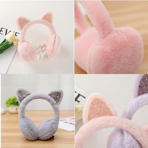 غطاء أذن لطيف للقطط، قطعتان من أغطية أذن القطط الدافئة، أغطية أذن للقطط للفتيات، أغطية للأذنين للأطفال للفتيات في الشتاء للأولاد والبنات، غطاء للأذنين للأطفال مع آذان القطط (وردي، رمادي) in Kuwait