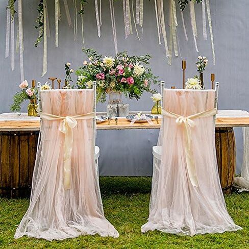 FLYPARTY Handmade Tulle Tutu Chair Skirt with Sash Bow for Party Wedding Baby Shower Home Decoration (Khaki,Set of 2) in Saudi Arabia