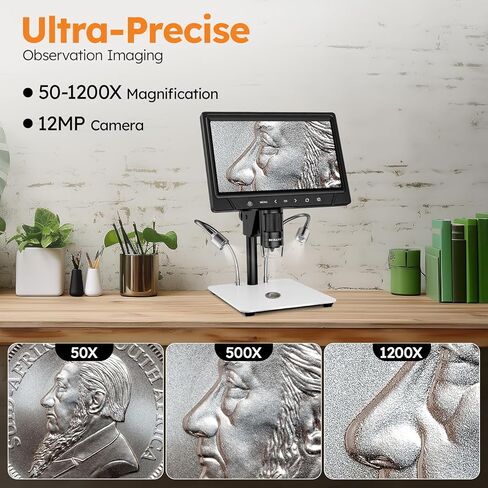 BEBANG 10.1 بوصة LCD مجهر رقمي 1200x للبالغين، مكبر مجهر عملة 3024P، مجهر لحام 12 ميجابكسل مع عرض الكمبيوتر الشخصي، متوافق مع نظام التشغيل MacOS Windows، بطاقة SD سعة 32 جيجابايت (أبيض) in Kuwait