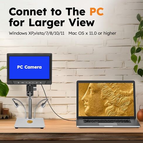 BEBANG 10.1 بوصة LCD مجهر رقمي 1200x للبالغين، مكبر مجهر عملة 3024P، مجهر لحام 12 ميجابكسل مع عرض الكمبيوتر الشخصي، متوافق مع نظام التشغيل MacOS Windows، بطاقة SD سعة 32 جيجابايت (أبيض) in Kuwait