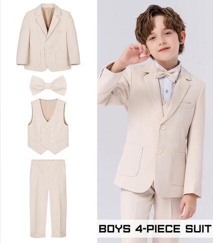 Boys Suit 4 Piece Formal Grey Beige Slim Fit Kids Tuxedo Set Toddler Blazer Vest Dress Pants Bow Tie Ring Bearer Outfit in Saudi Arabia