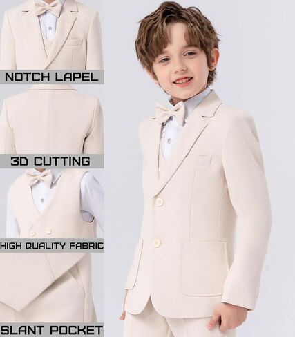 Boys Suit 4 Piece Formal Grey Beige Slim Fit Kids Tuxedo Set Toddler Blazer Vest Dress Pants Bow Tie Ring Bearer Outfit in Saudi Arabia