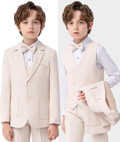 Boys Suit 4 Piece Formal Grey Beige Slim Fit Kids Tuxedo Set Toddler Blazer Vest Dress Pants Bow Tie Ring Bearer Outfit in Saudi Arabia