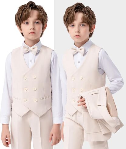 Boys Suit 4 Piece Formal Grey Beige Slim Fit Kids Tuxedo Set Toddler Blazer Vest Dress Pants Bow Tie Ring Bearer Outfit in Saudi Arabia