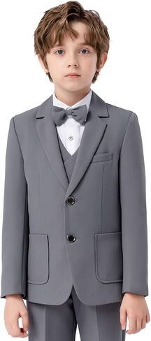 Boys Suit 4 Piece Formal Grey Beige Slim Fit Kids Tuxedo Set Toddler Blazer Vest Dress Pants Bow Tie Ring Bearer Outfit in Saudi Arabia