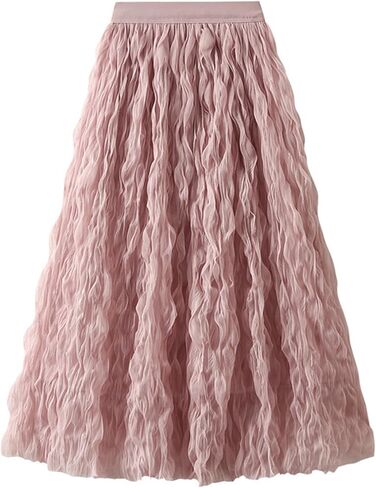Women's Tulle Midi Skirt Elastic High Waist Flowy Pleated Skirt A line Mesh Fairy Skirts in Saudi Arabia