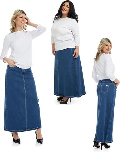 تنورة ESTEEZ النسائية الطويلة من الدينيم طويلة على شكل حرف A قابلة للتمدد من الجينز جورجيا in Kuwait