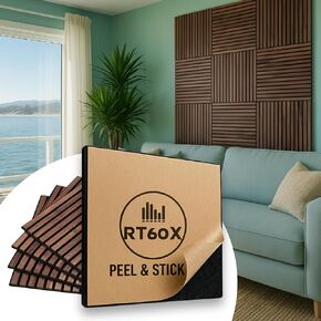 RT60X Peel & Stick Self-Adhesive Acoustic Wood Panels, 4-Pack 24"x24"x1" | Easy Install Sound Absorbing Wall Tiles for Home, Studio & Gaming | Fire-Retardant, Durable Design in Saudi Arabia