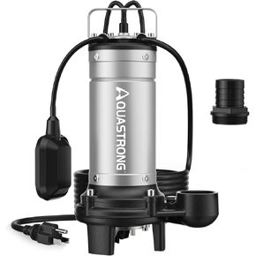 Aquastrong 1HP Sewage Grinder Pump, Stainless Steel, 115V Automatic Float Switch, Cast Iron Impeller, Submersible Effluent/Sewage Pump for Sump Basin, Basement 2'' NPT Discharge, Gray in Kuwait