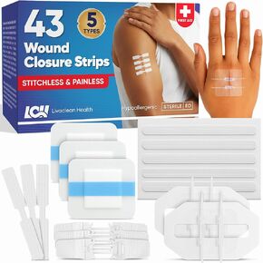 طقم شرائط إغلاق الجروح مكون من 43 قطعة - ضمادات الفراشة، نوعان من ضمادات الخياطة ذات السحاب، وسادات الشاش، ضمادات البولي يوريثان، مسحات الكحول والقطن - طقم إغلاق الجروح في حالات الطوارئ للجروح والتمزقات والسحجات in Kuwait