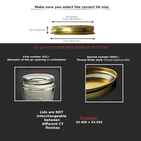 North Mountain Supply 63mm Gold Metal Screw Caps with Plastisol Liner – Fits 63-400 Continuous Thread Jars – 12 Pack Metal Lids – Leak-Proof Seal – Made in USA in Saudi Arabia
