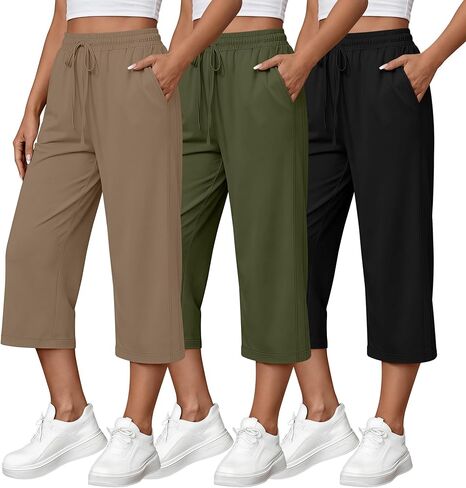 Xaatren 3 Pcs Womens Capri Pants Wide Leg Drawstring High Waisted Cropped Sweatpants Loose Workout Capris Yoga Lounge Pockets in Saudi Arabia