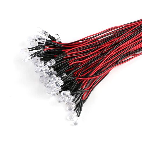 مصابيح LED 5 مم 12 فولت صمامات باعثة للضوء مع سلك، LED 5-12 فولت، 0.1 وات، مصابيح LED صغيرة للحرف اليدوية، سيارات الألعاب، 12 فولت LED فردي صغير أبيض 50 قطعة in Saudi Arabia