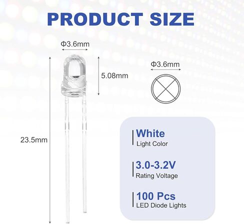 MECCANIXITY 100pcs 3mm LED أضواء الصمام الثنائي، أبيض دافئ جولة شفافة DC 3.0-3.2V مصابيح إضاءة عالية السطوع لمكونات الإلكترونيات in Kuwait