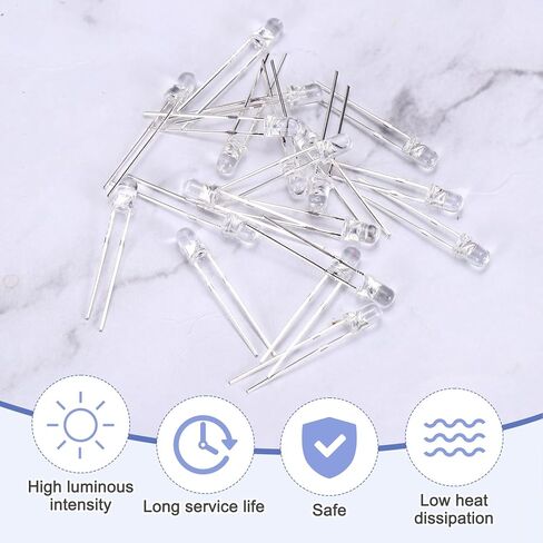 MECCANIXITY 100pcs 3mm LED أضواء الصمام الثنائي، أبيض دافئ جولة شفافة DC 3.0-3.2V مصابيح إضاءة عالية السطوع لمكونات الإلكترونيات in Kuwait