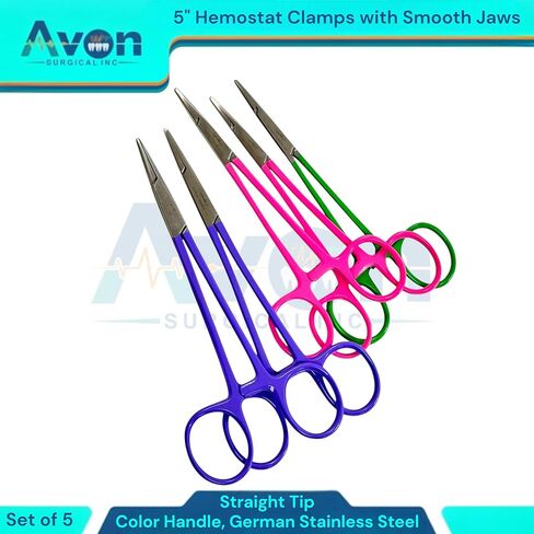 5-Inch Hemostat Forceps with Straight Smooth Tips | Color-Coated Handle Multi-Purpose Locking Clamps for Crafts, Hobby, Fishing [5 Piece Bundle Multi-Color] in Kuwait