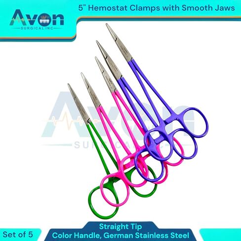 5-Inch Hemostat Forceps with Straight Smooth Tips | Color-Coated Handle Multi-Purpose Locking Clamps for Crafts, Hobby, Fishing [5 Piece Bundle Multi-Color] in Kuwait