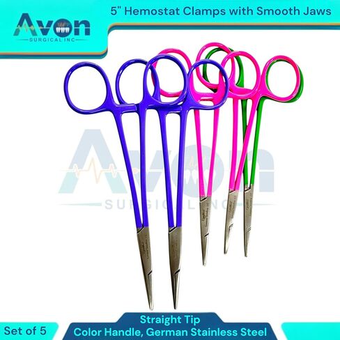 5-Inch Hemostat Forceps with Straight Smooth Tips | Color-Coated Handle Multi-Purpose Locking Clamps for Crafts, Hobby, Fishing [5 Piece Bundle Multi-Color] in Kuwait