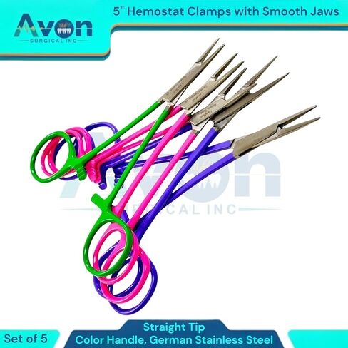 5-Inch Hemostat Forceps with Straight Smooth Tips | Color-Coated Handle Multi-Purpose Locking Clamps for Crafts, Hobby, Fishing [5 Piece Bundle Multi-Color] in Kuwait