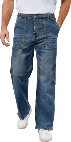 Men's Elastic Waist Baggy Jeans Stretch Denim Wide Leg Trousers Loose Fit Casual Pants in Saudi Arabia