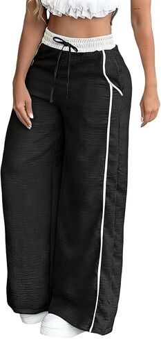 Women's Baggy Wide Leg Pants Casual Drawstring Elastic Waisted Contrast Color Workout Y2K Track Pants with Pockets in Saudi Arabia