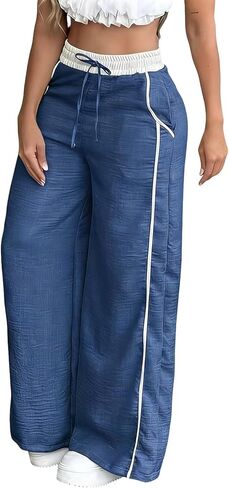 Women's Baggy Wide Leg Pants Casual Drawstring Elastic Waisted Contrast Color Workout Y2K Track Pants with Pockets in Saudi Arabia