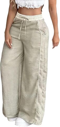 Women's Baggy Wide Leg Pants Casual Drawstring Elastic Waisted Contrast Color Workout Y2K Track Pants with Pockets in Saudi Arabia