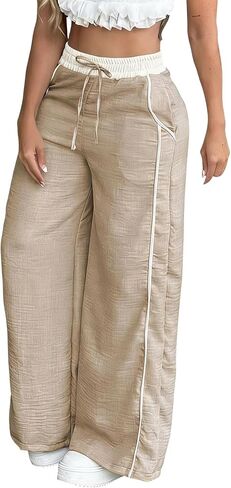 Women's Baggy Wide Leg Pants Casual Drawstring Elastic Waisted Contrast Color Workout Y2K Track Pants with Pockets in Saudi Arabia