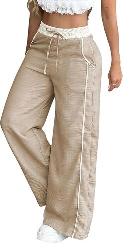 Women's Baggy Wide Leg Pants Casual Drawstring Elastic Waisted Contrast Color Workout Y2K Track Pants with Pockets in Saudi Arabia