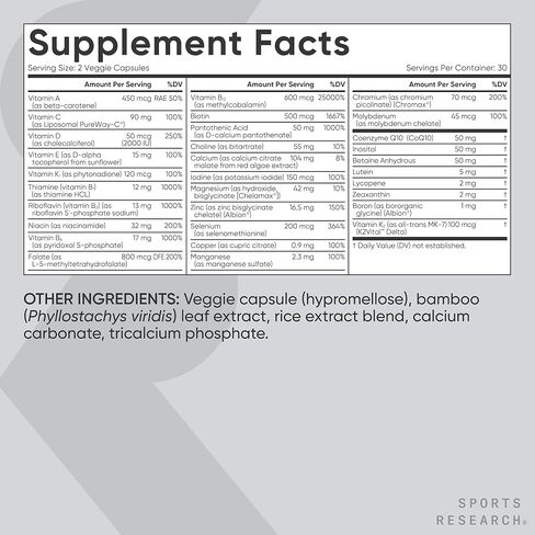 Sports Research® Multivitamin – Advanced Formula - 23 Essential Vitamins & Minerals with CoQ10 & Iodine - Daily Nutrient Support*- Non-GMO Tested & Gluten-Free -60 Veggie Capsules in Saudi Arabia