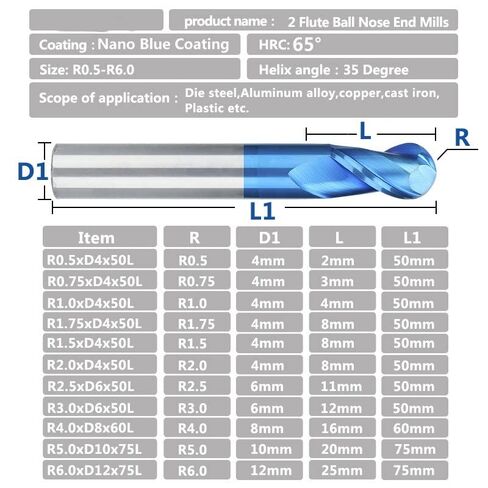 2 Flute Nano Blue Coat Ball Nose Spiral End Mill Set Carbide CNC Machine Router Bit Bits for Wood Working Acrylic MDF PVC in Kuwait
