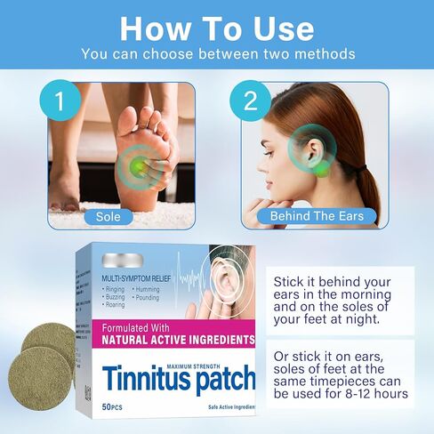 تخفيف طنين الأذن لطنين الأذن، 50 قطعة من رقع تخفيف طنين الأذن - تركيبة طبيعية سريعة المفعول لتقليل الرنين والطنين، تدعم صحة السمع، غير مهيجة للارتداء طوال اليوم in Kuwait