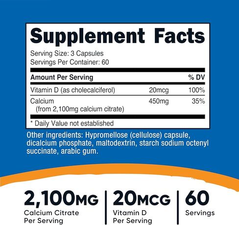 Nutricost Calcium Citrate + Vitamin D Supplement (2,100mg) 180 Capsules - 20mcg of Vitamin D, 60 Servings in Saudi Arabia