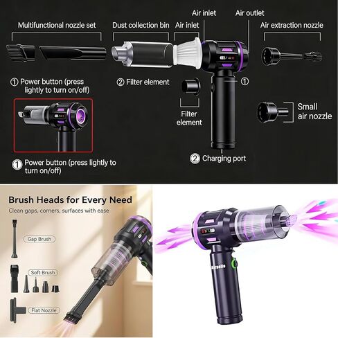 مكنسة Airpollo® للسيارة المحمولة بدون سلك Aspiradora para Carro، 4 في 1 مع شاشة LED V2 منفاخ هواء محمول بقوة 29000 باسكال، طاقة عالية قابلة لإعادة الشحن للمنزل، بطارية طويلة الأمد in Kuwait