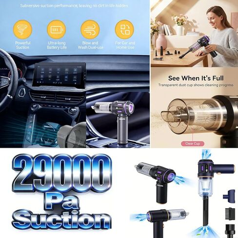 مكنسة Airpollo® للسيارة المحمولة بدون سلك Aspiradora para Carro، 4 في 1 مع شاشة LED V2 منفاخ هواء محمول بقوة 29000 باسكال، طاقة عالية قابلة لإعادة الشحن للمنزل، بطارية طويلة الأمد in Kuwait