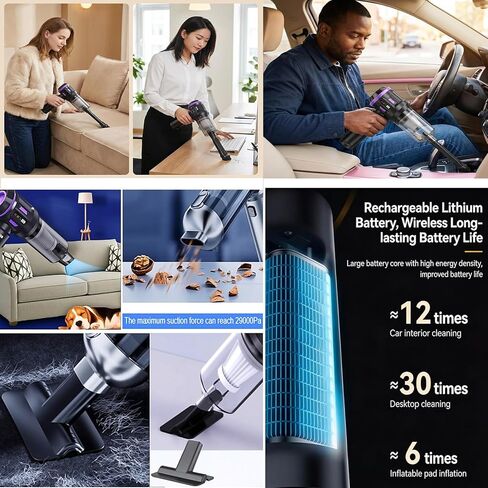 مكنسة Airpollo® للسيارة المحمولة بدون سلك Aspiradora para Carro، 4 في 1 مع شاشة LED V2 منفاخ هواء محمول بقوة 29000 باسكال، طاقة عالية قابلة لإعادة الشحن للمنزل، بطارية طويلة الأمد in Kuwait