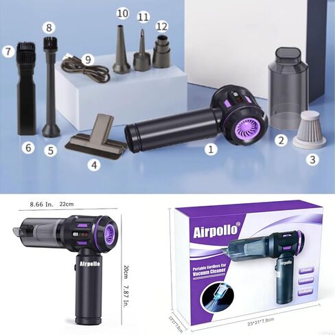 مكنسة Airpollo® للسيارة المحمولة بدون سلك Aspiradora para Carro، 4 في 1 مع شاشة LED V2 منفاخ هواء محمول بقوة 29000 باسكال، طاقة عالية قابلة لإعادة الشحن للمنزل، بطارية طويلة الأمد in Kuwait